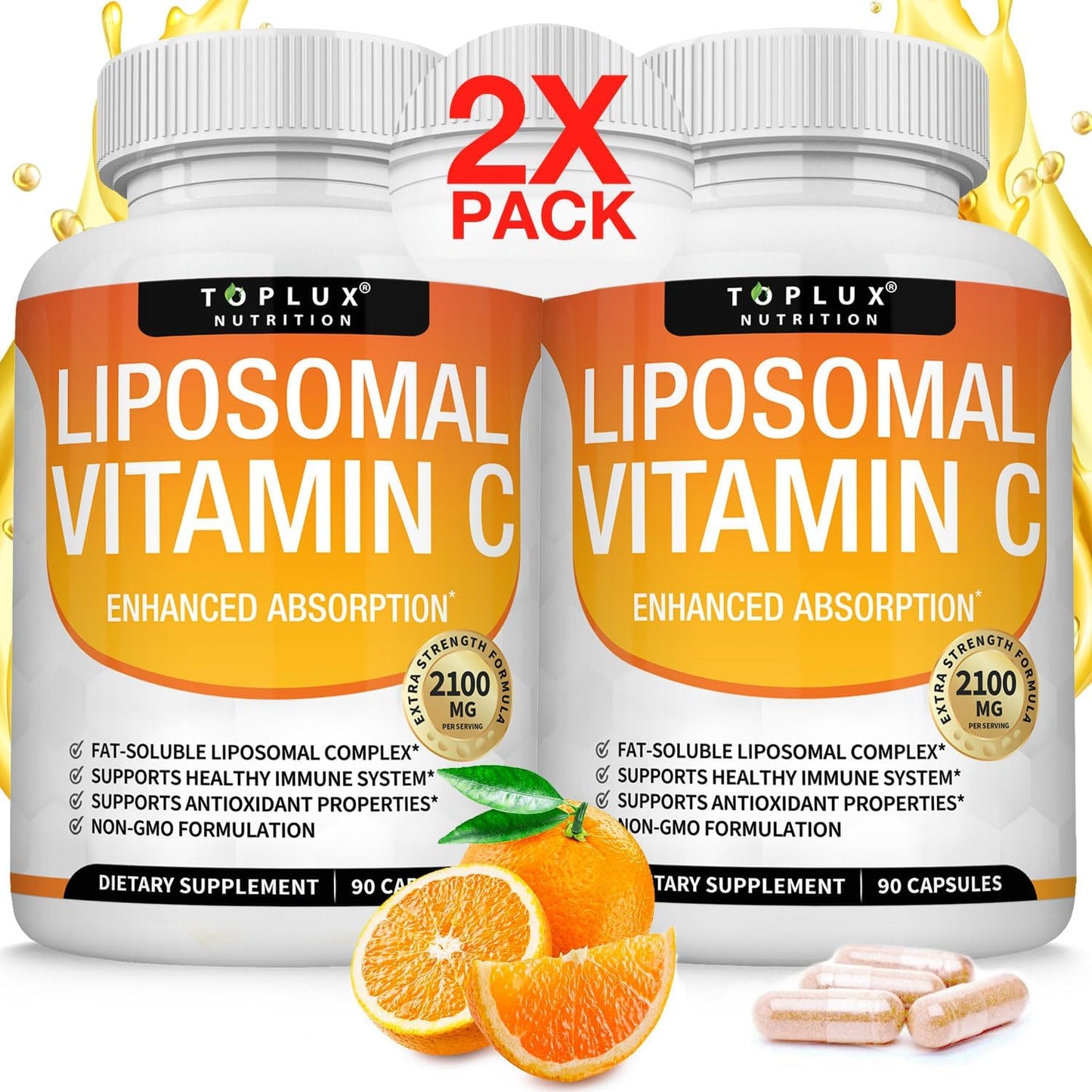 Toplux Nutrition Liposomal Vitamin C 2100mg 2x Pack | 2x90 Capsules Enhanced Absorption Non-GMO Immune Support