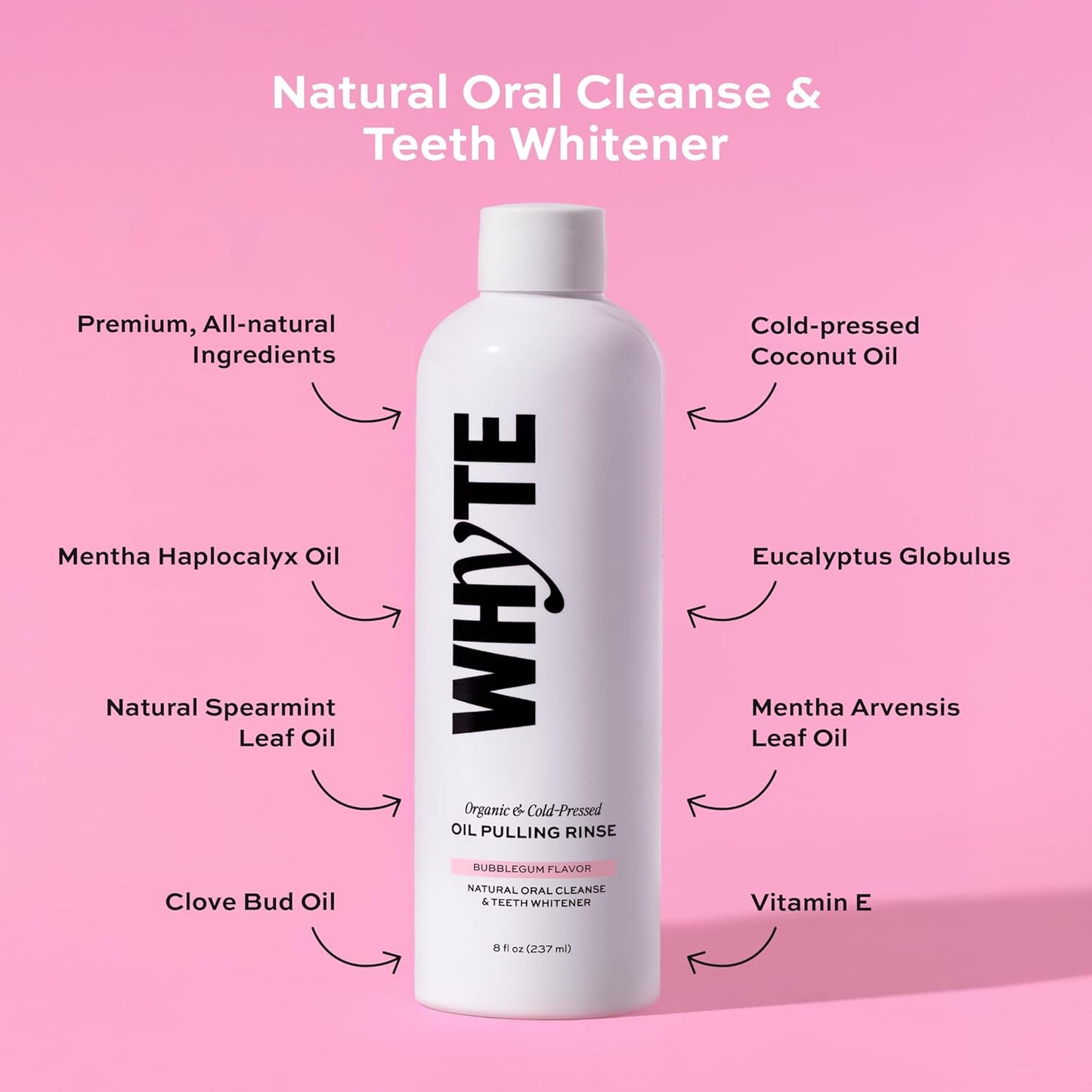 WHYTE Organic Oil Pulling Rinse Set of 2 | Cold-Pressed Coconut Oil Bubblegum Flavor Natural Teeth Whitener 2x8fl oz