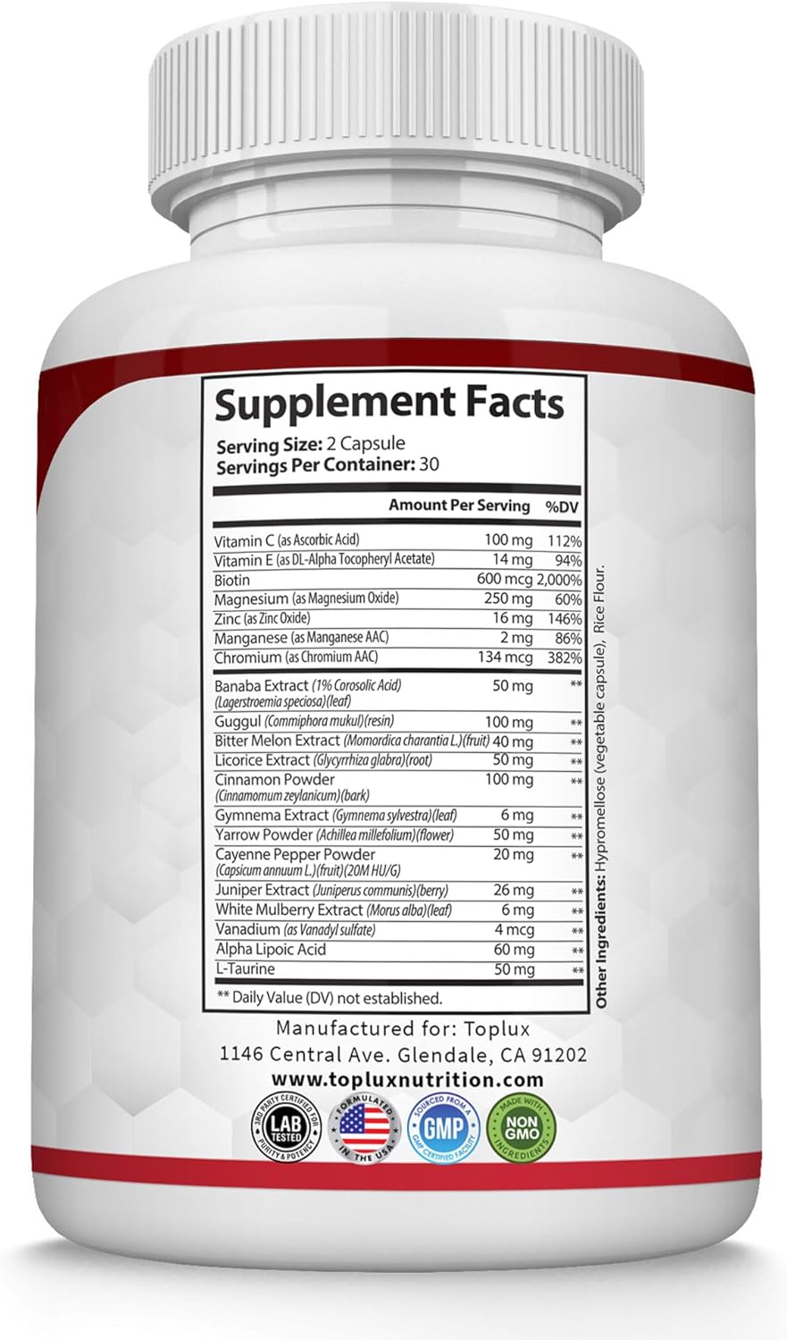 مكمل غذائي توبلكس نيوترشن Blood Sugar Complex عبوة من قطعتين | كبسولات 2 × 60 | 20 مكونًا نشطًا | القرفة والكروم والتوت