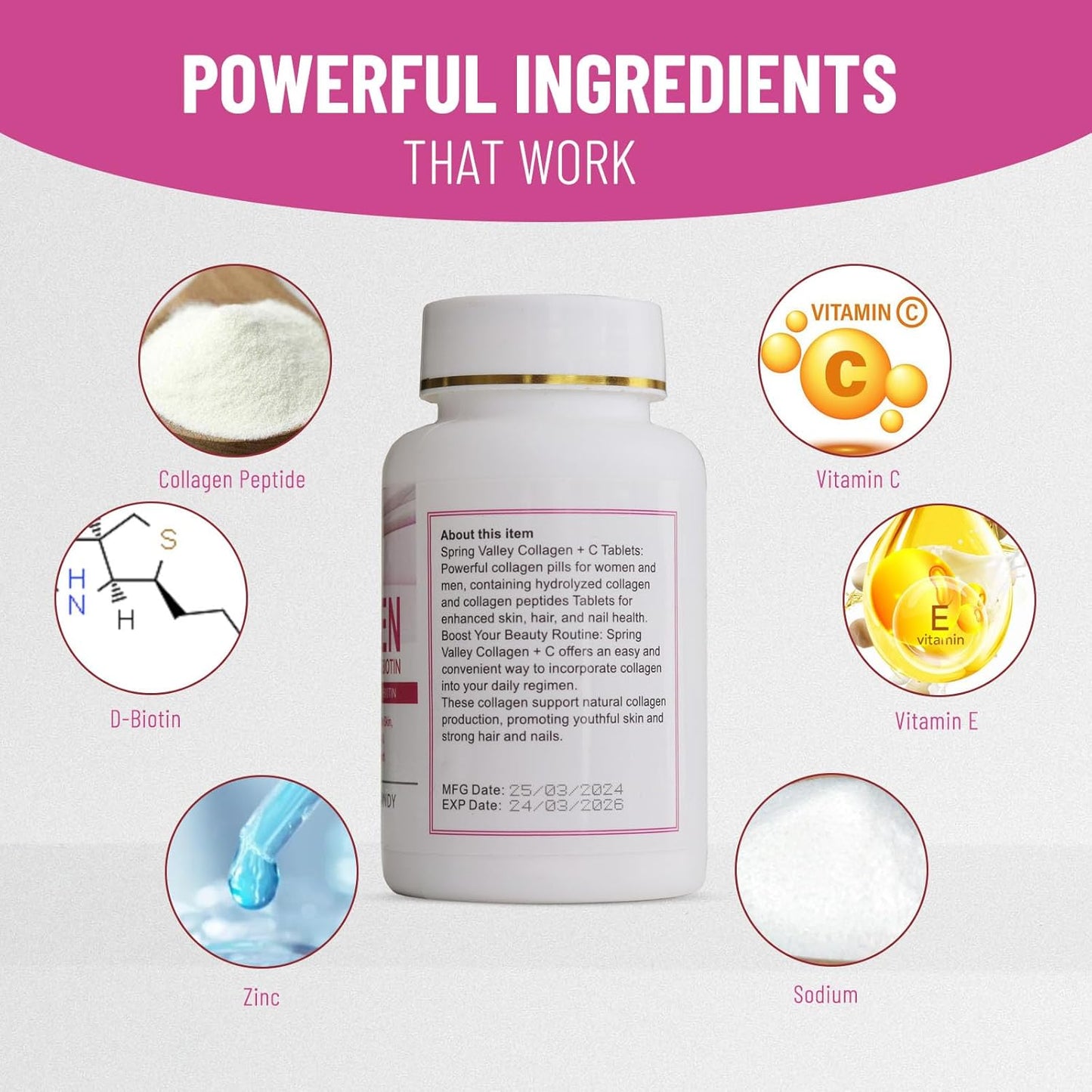 WinsTown Collagen + Vitamin C & Biotin Tablets | Type 1 & 3 Collagen 6g per Serving 60 Tablets Skin Hair Nails & Joint Support Supplement