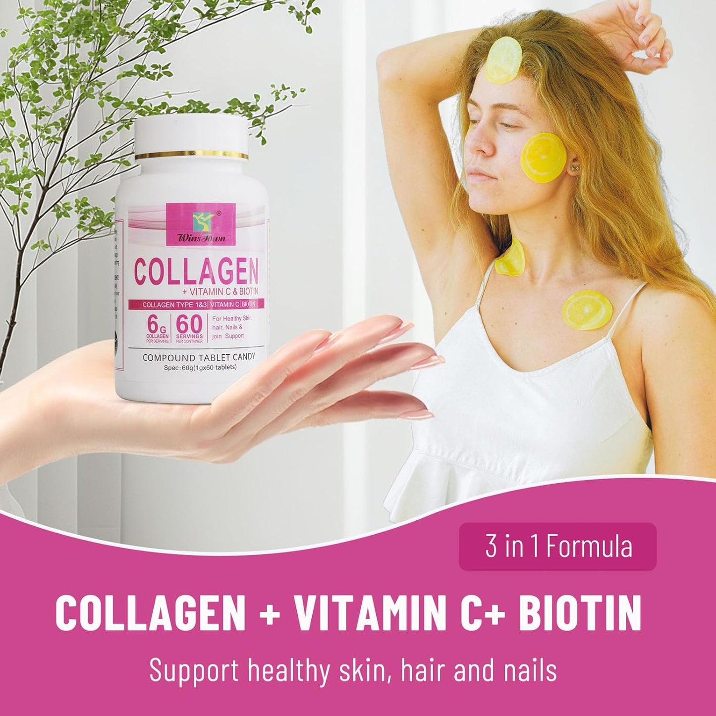 WinsTown Collagen + Vitamin C & Biotin Tablets | Type 1 & 3 Collagen 6g per Serving 60 Tablets Skin Hair Nails & Joint Support Supplement