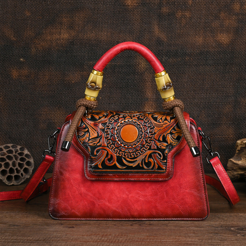 Black Leather Handbag with Tooled Design - Artisan Embossed Shoulder Bag with Braided Handle | Bohemian Ethnic Satchel