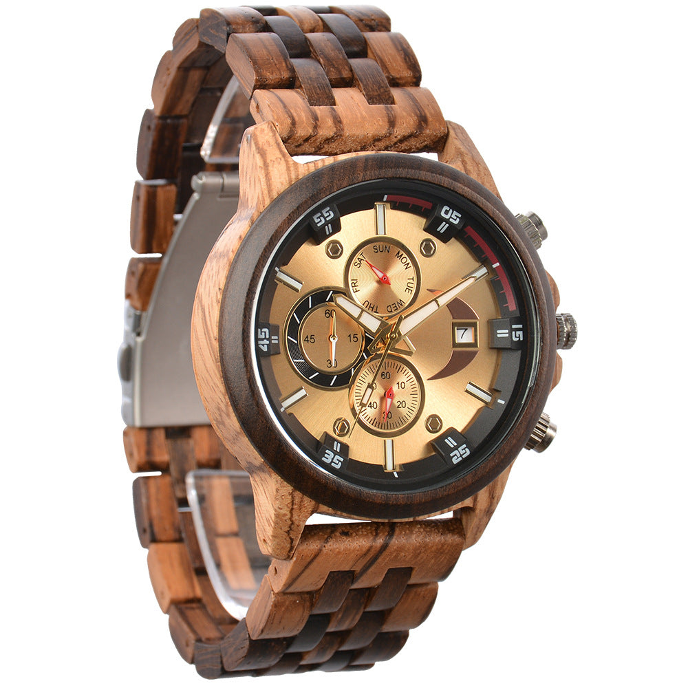 Men's Wooden Chronograph Watch | Blue Dial Rose Gold Sandalwood Day Date Sport Watch