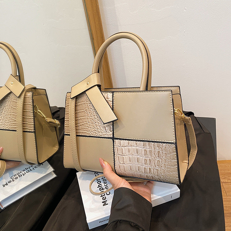 White Croc Embossed Color Block Tote Bag | Women's Luxury Style Top Handle Crossbody Handbag