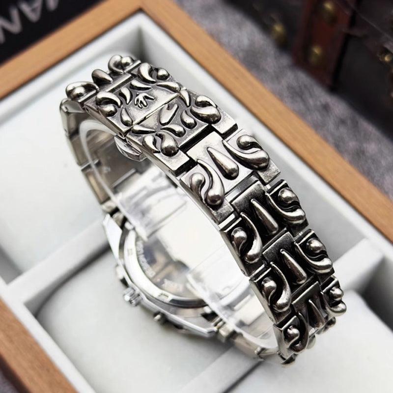 Men's Gothic Flame Watch | Red Dial Silver Flame Bezel Punk Vintage Quartz Date Stainless Steel Statement Watch