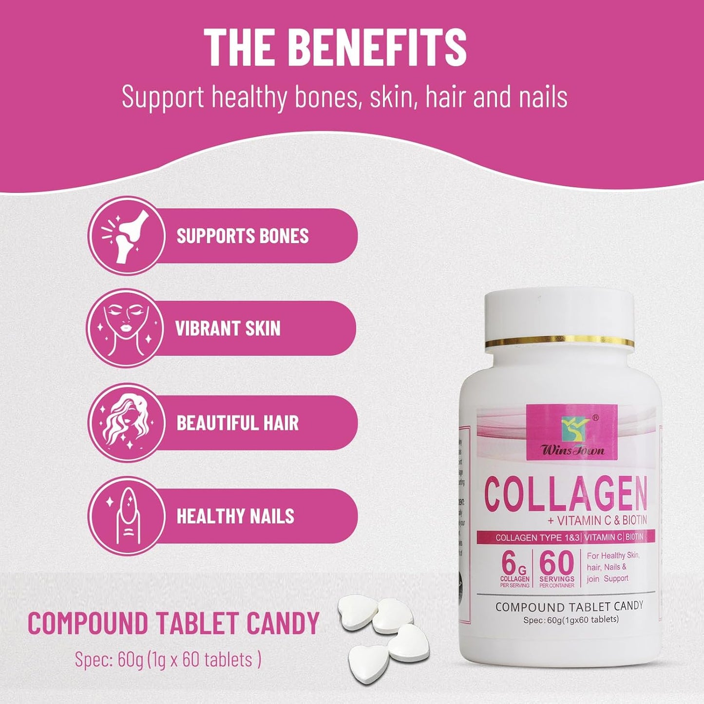 WinsTown Collagen + Vitamin C & Biotin Tablets | Type 1 & 3 Collagen 6g per Serving 60 Tablets Skin Hair Nails & Joint Support Supplement