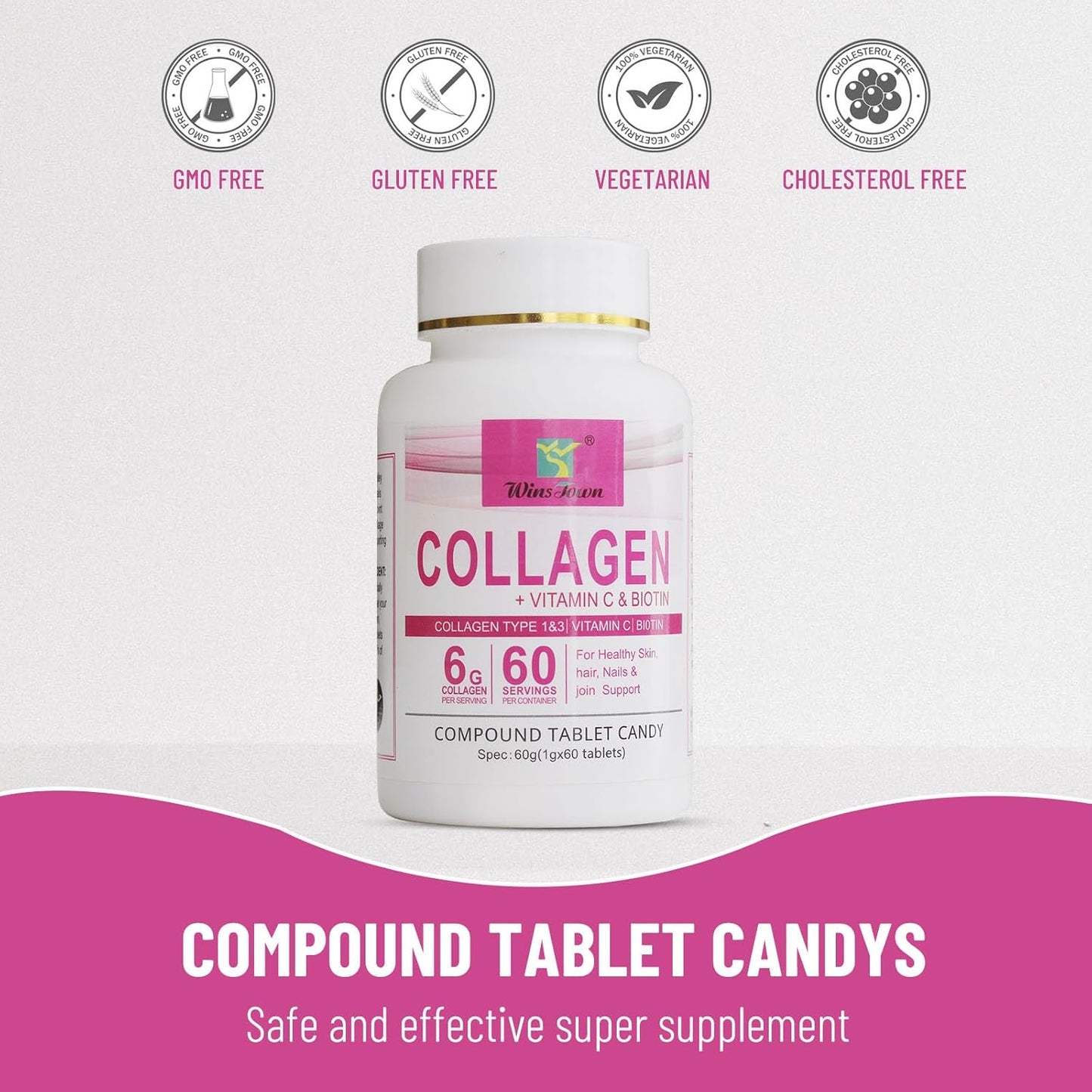 WinsTown Collagen + Vitamin C & Biotin Tablets | Type 1 & 3 Collagen 6g per Serving 60 Tablets Skin Hair Nails & Joint Support Supplement