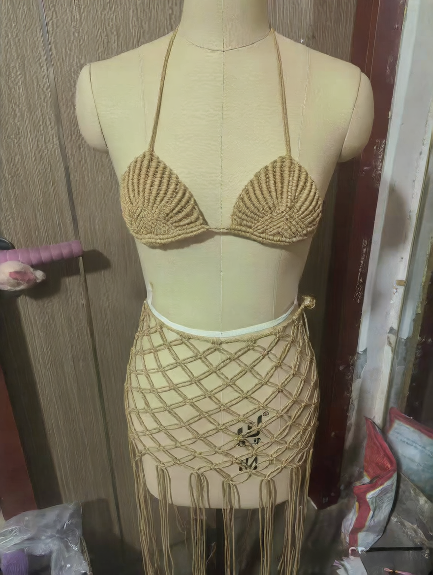 Gold Crochet Macrame Bikini Set Triangle Halter Top Net Fringe Wrap Skirt Boho | Women Three Piece Swimwear Beach Vacation Resort Luxury Summer