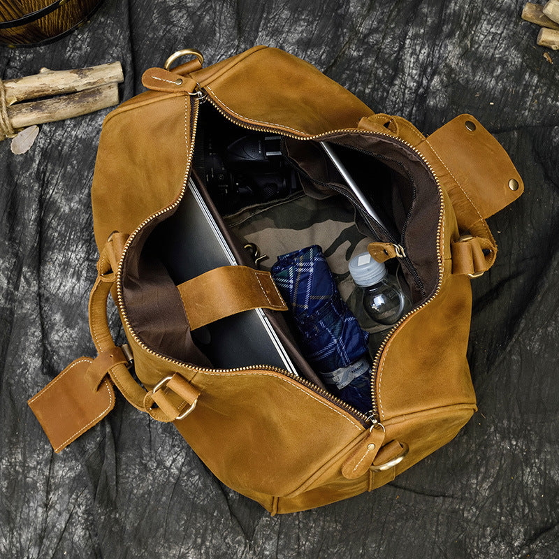 Tan Crazy Horse Leather Duffle Bag | Large Vintage Weekender Travel Bag with Luggage Tag
