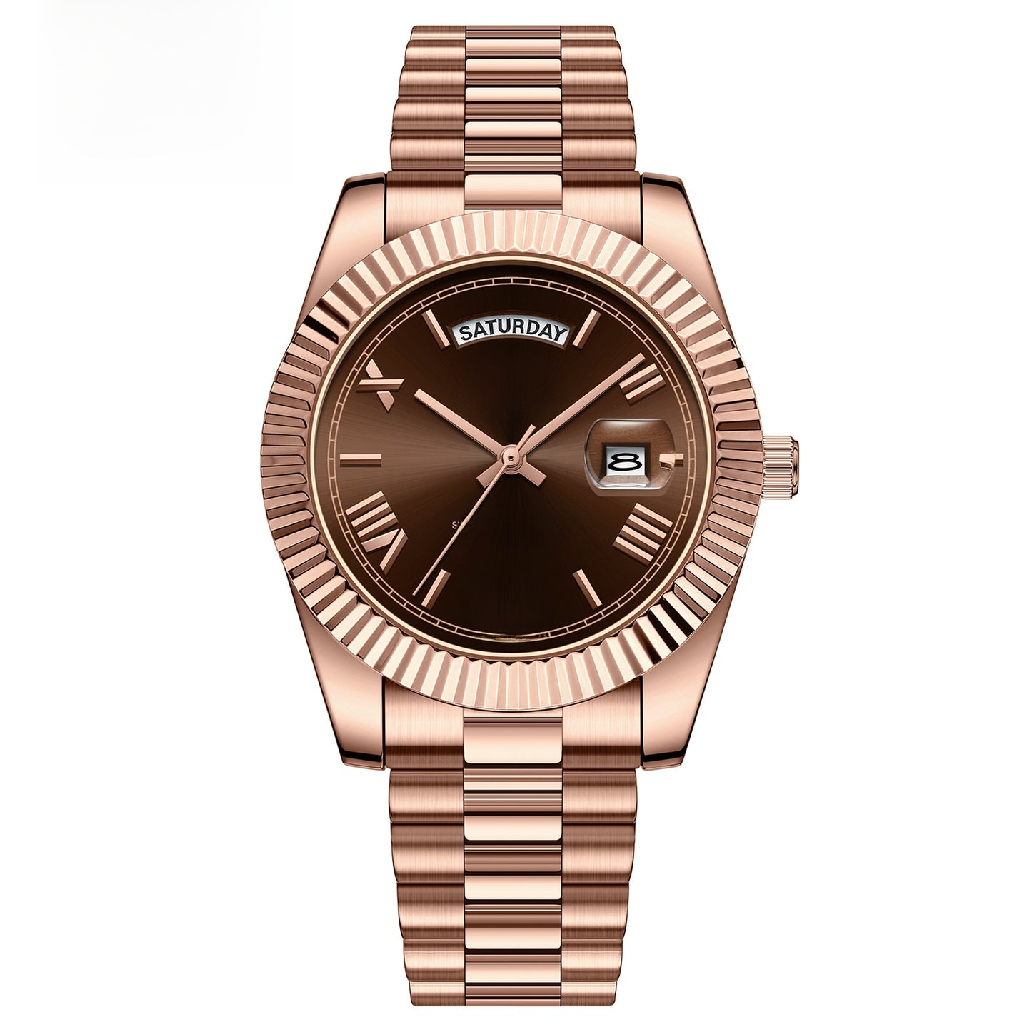 Carsikie Herrenuhr mit arabischen Ziffern | Schwarzes Zifferblatt mit Sonnenschliff | Geriffelte Lünette im Präsidentenstil | Tag- und Datumsanzeige | Silberne Edelstahluhr 