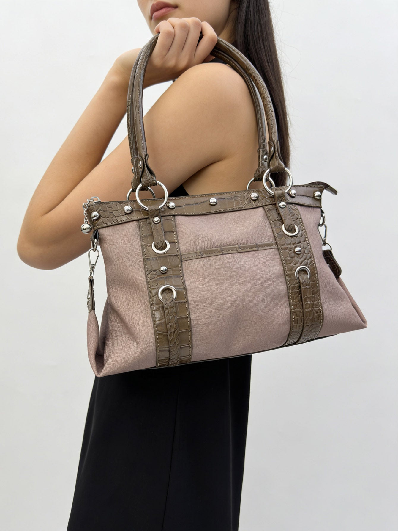 Navy Blue Nylon Handbag with Croc Trim - Studded Shoulder Bag with Silver Hardware | Mixed Material Structured Tote