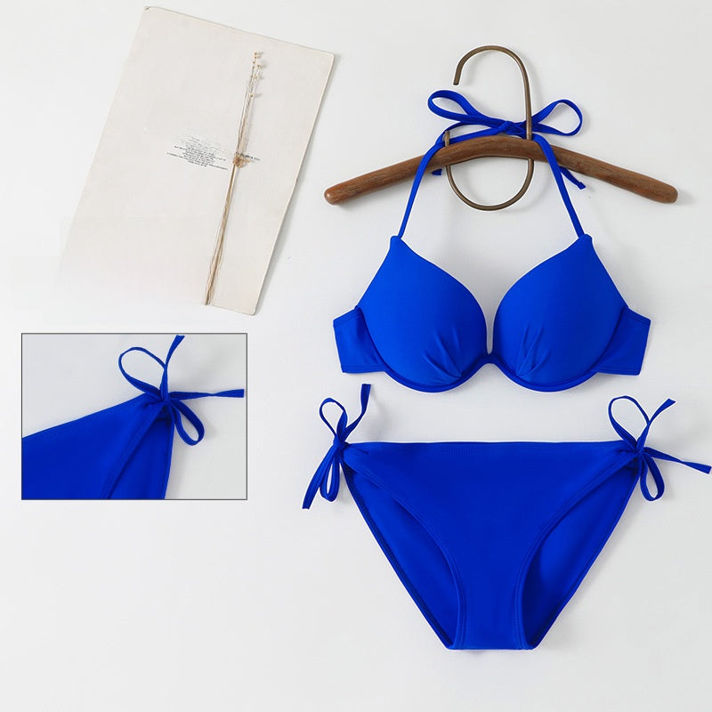 Completo Bikini Fantasia Pied de Poule | Top Push Up Halter Bianco Nero & Slip con Laccetti | Costume da Bagno Due Pezzi Stampa Retrò da Donna