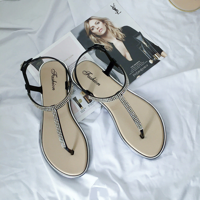 Rhinestone Crystal T-Strap Thong Flat Sandals | White Black Pink Diamante Ankle Strap Beach Sandals for Women