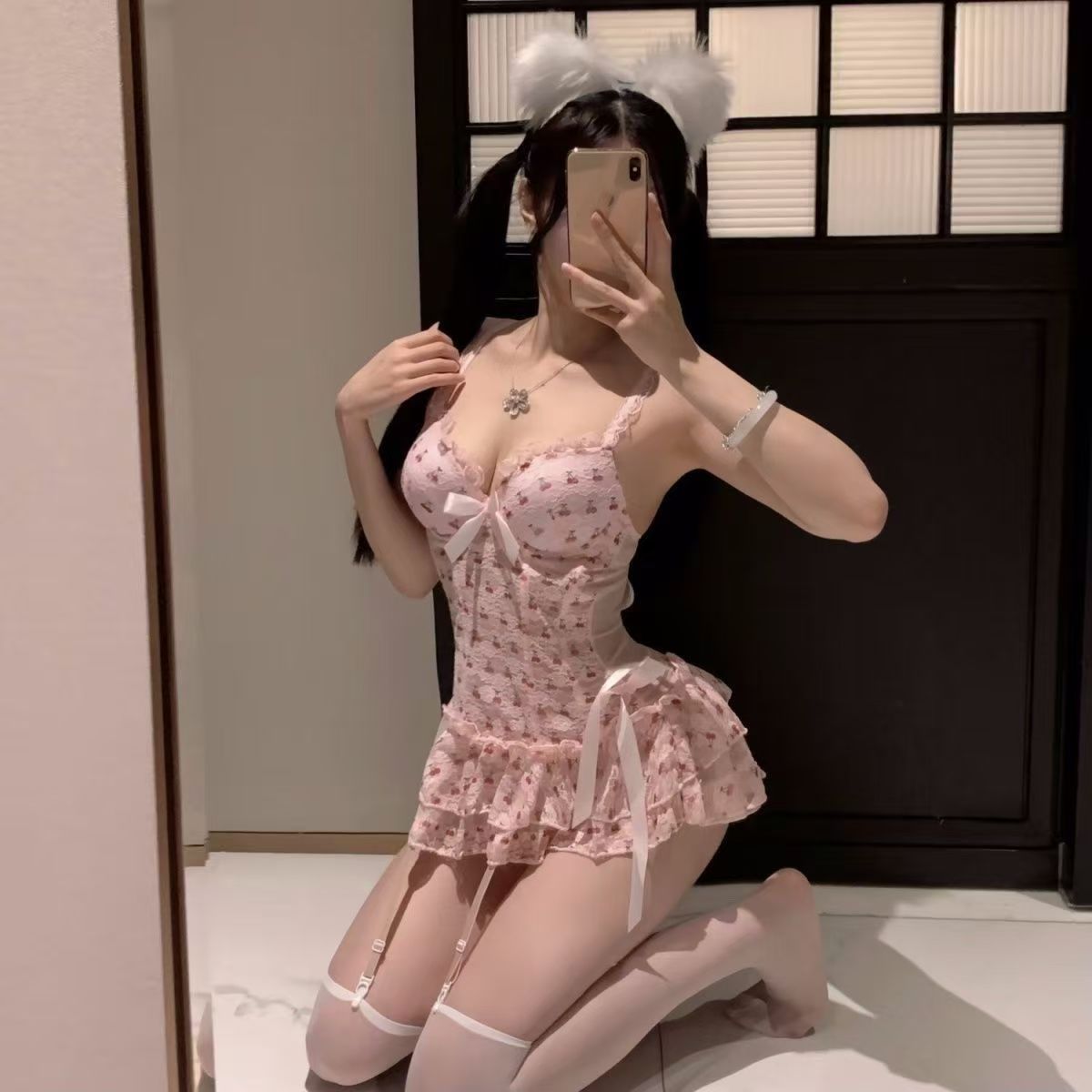 Women's Pink Cherry Print Lace Corset Cami and Ruffle Skirt Lingerie Set Kawaii Bow Garter Belt Thigh High Stockings Bear Ear Set