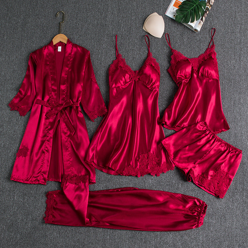 Black Satin Lace Pajama Set | 5-Piece Silk Sleepwear for Women