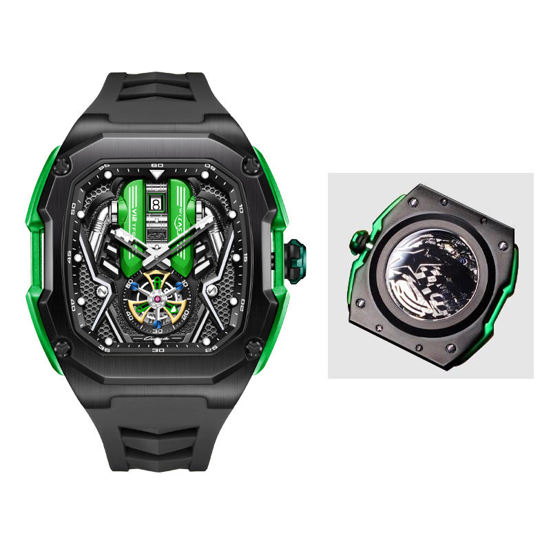 LILUOKE Men's Engine Skeleton Tourbillon Watch | Orange Black Supercar Inspired | Mechanical Turbine Dial | Date Window | Luxury Sport Racing Watch | UAE