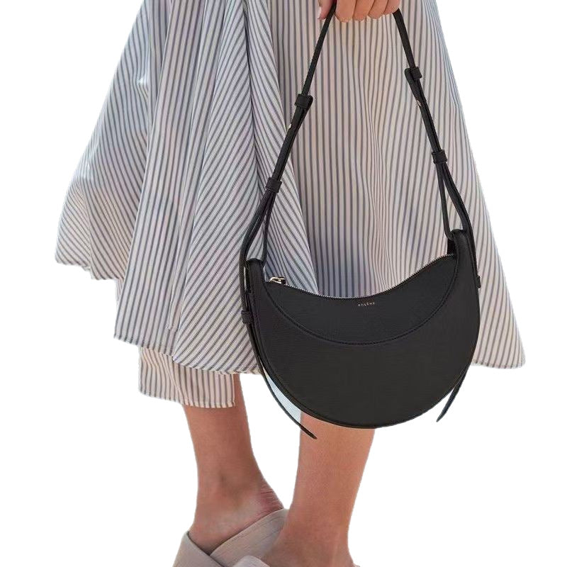 Polene Style Cream Crescent Bag - Half Moon Leather Shoulder Bag | Women's French Inspired Minimalist Hobo Bag with Adjustable Strap