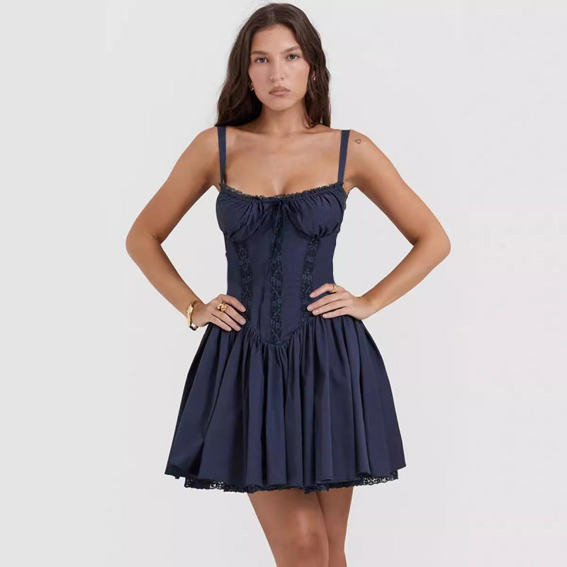 Womens Black Corset Mini Dress with Lace Trim Spaghetti Straps Sweetheart Ruched Bodice Flared Skirt Vintage Party Dress for Night Out