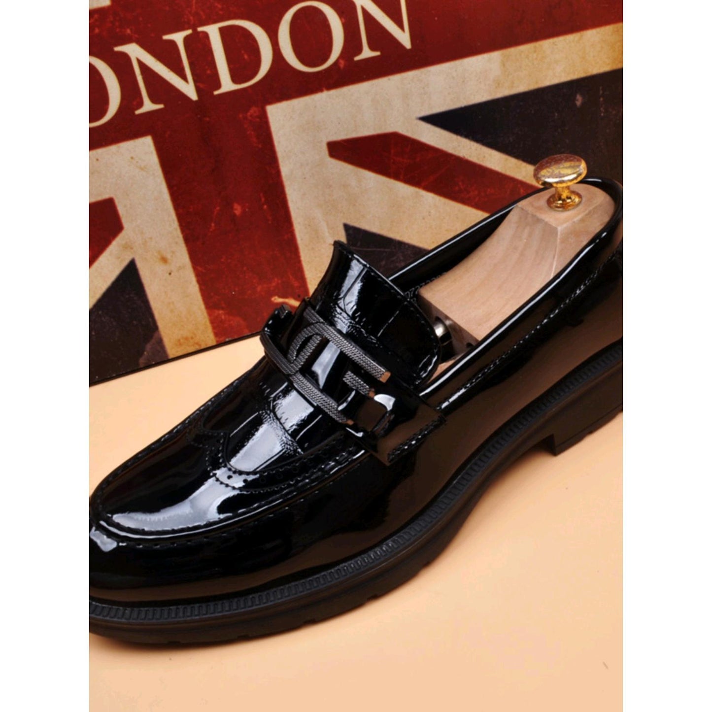 Men's Black Patent Leather Brogue Loafers | Decorative Buckle Strap Chunky Sole Slip-On Dress Shoes