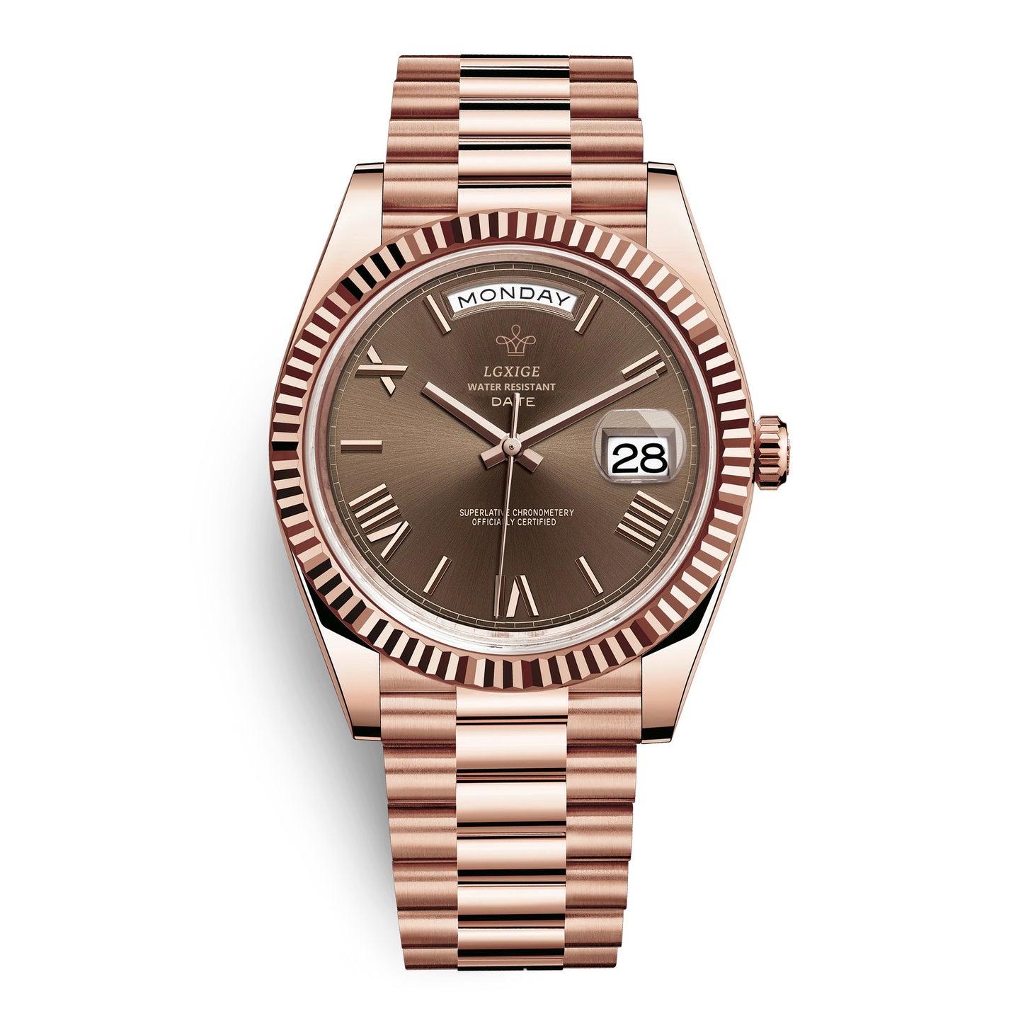 LGXIGE Men's Gold Day-Date Watch | Champagne Dial Fluted Bezel Presidential Bracelet Roman Numeral Luxury Watch