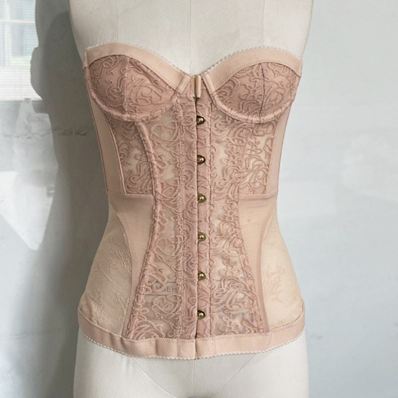 Women's Lace Corset Bustier Top | Strapless Gold Button Front Boned Corset | Sheer Floral Going Out Top