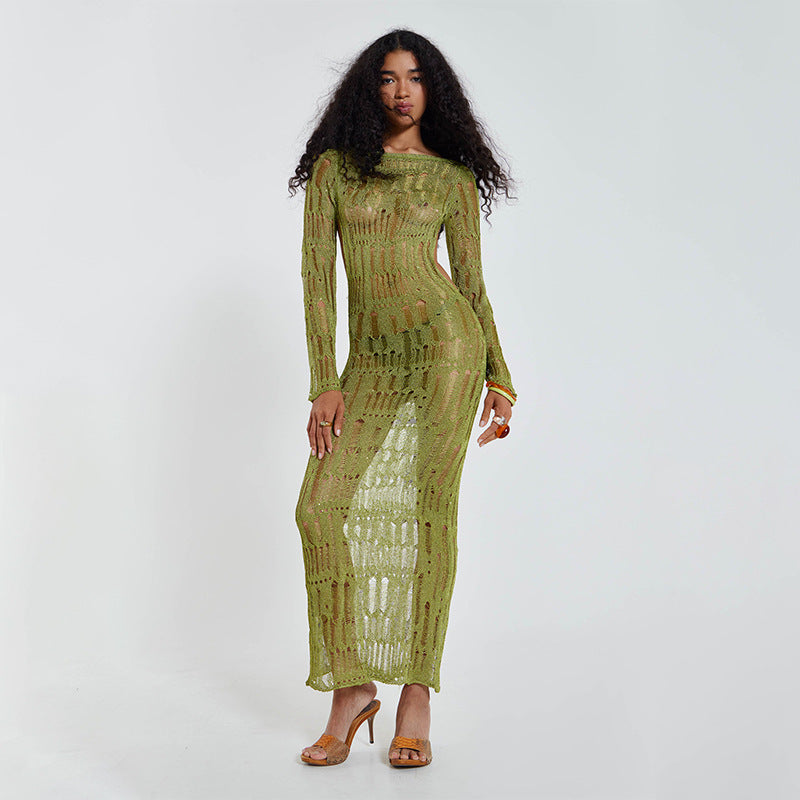 Black Open Knit Hollow Out Long Sleeve Maxi Dress | Sheer Crochet Bodycon Off Shoulder | Sexy See Through Beach Cover Up Evening Dress Women
