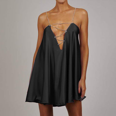 Satin Rhinestone Chain Strap Slip Dress | Crystal Strappy Babydoll Nightgown | Luxury Lingerie