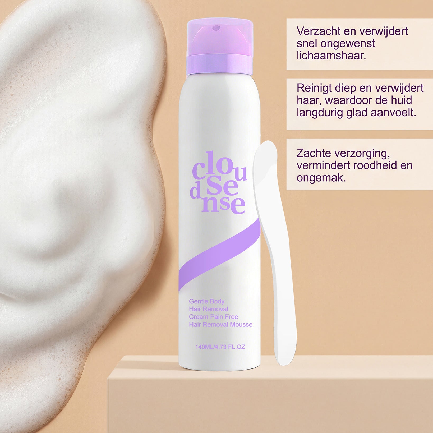 Cloudsense Gentle Body Hair Removal Mousse | Pain-Free Hair Removal Cream Spray 140ml | Smooth Skin Depilatory Foam for Women