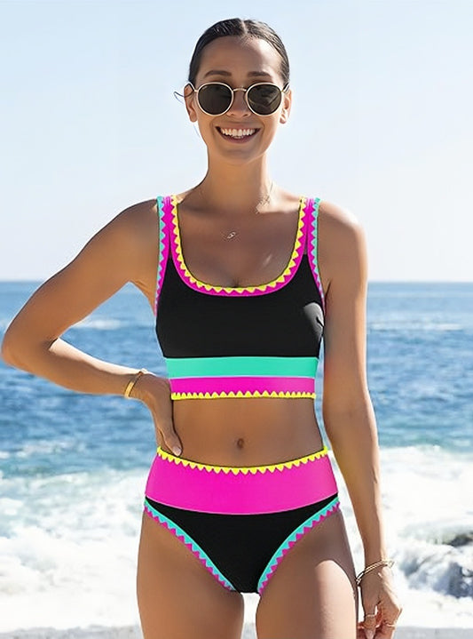 Black Neon Color Block Tankini Set with Skirt | Sporty Crop Top Swim Skirt Swimsuit | Women's Retro Athletic Swimwear