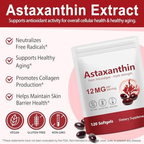 Astaxanthin 12mg Triple Strength 120 Softgels from Microalgae Soy Free Gluten Free | Natural Antioxidant Supplement for Skin Eye Joint Heart Health