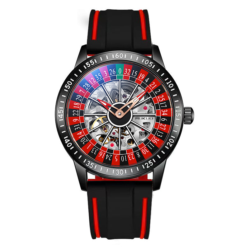Roulette Wheel Skeleton Watch Men | Red Blue Casino Dial | Black Steel Bracelet | Hollow Tourbillon Style Automatic Watch