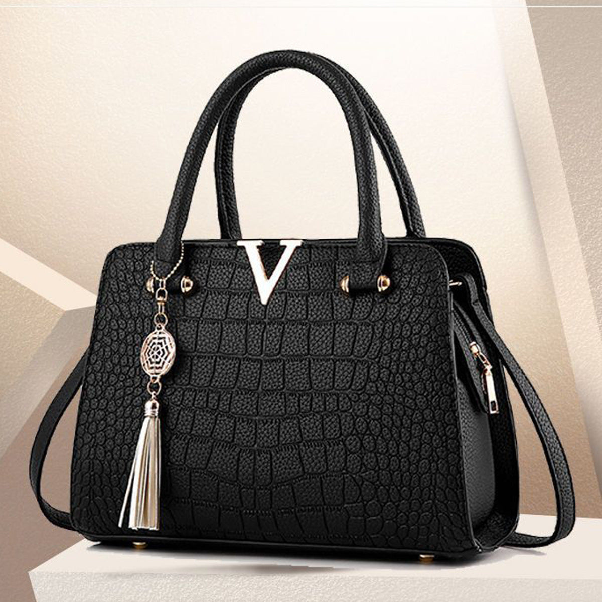 Black Crocodile Pattern Handbag with Gold V Hardware & Tassel | Luxury Women's Shoulder Satchel