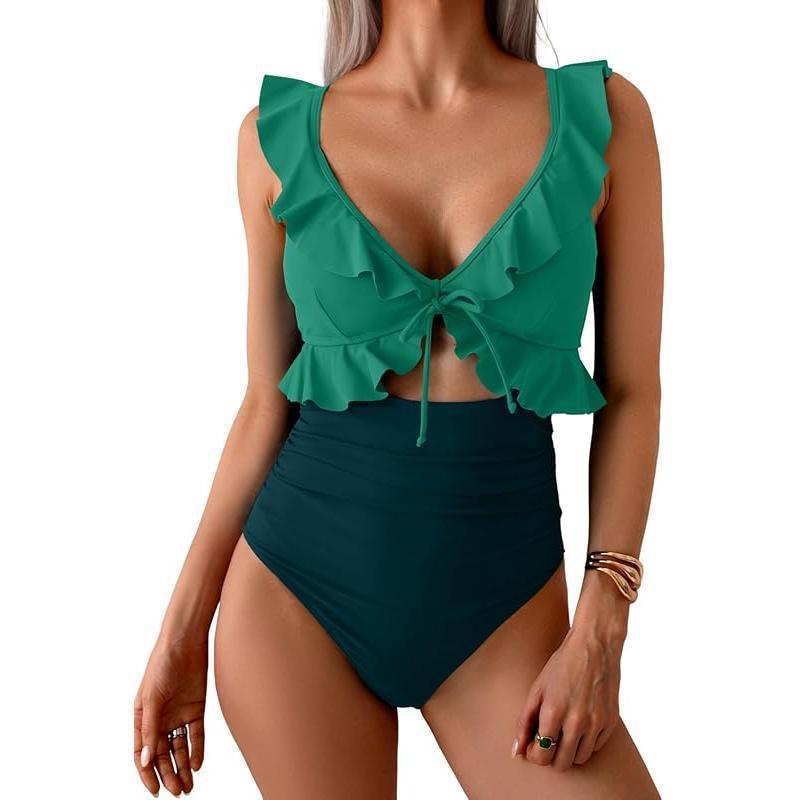 Teal Ruffle V-Neck Tie Front Cutout One Piece Swimsuit | High Waist Ruched Monokini | Women's Elegant Swimwear