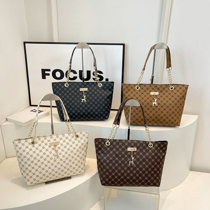 Black Monogram Pattern Chain Strap Tote Bag Gold Deer Charm Lock Detail Shoulder Bag | Women Luxury Designer Inspired Large Everyday Handbag Purse