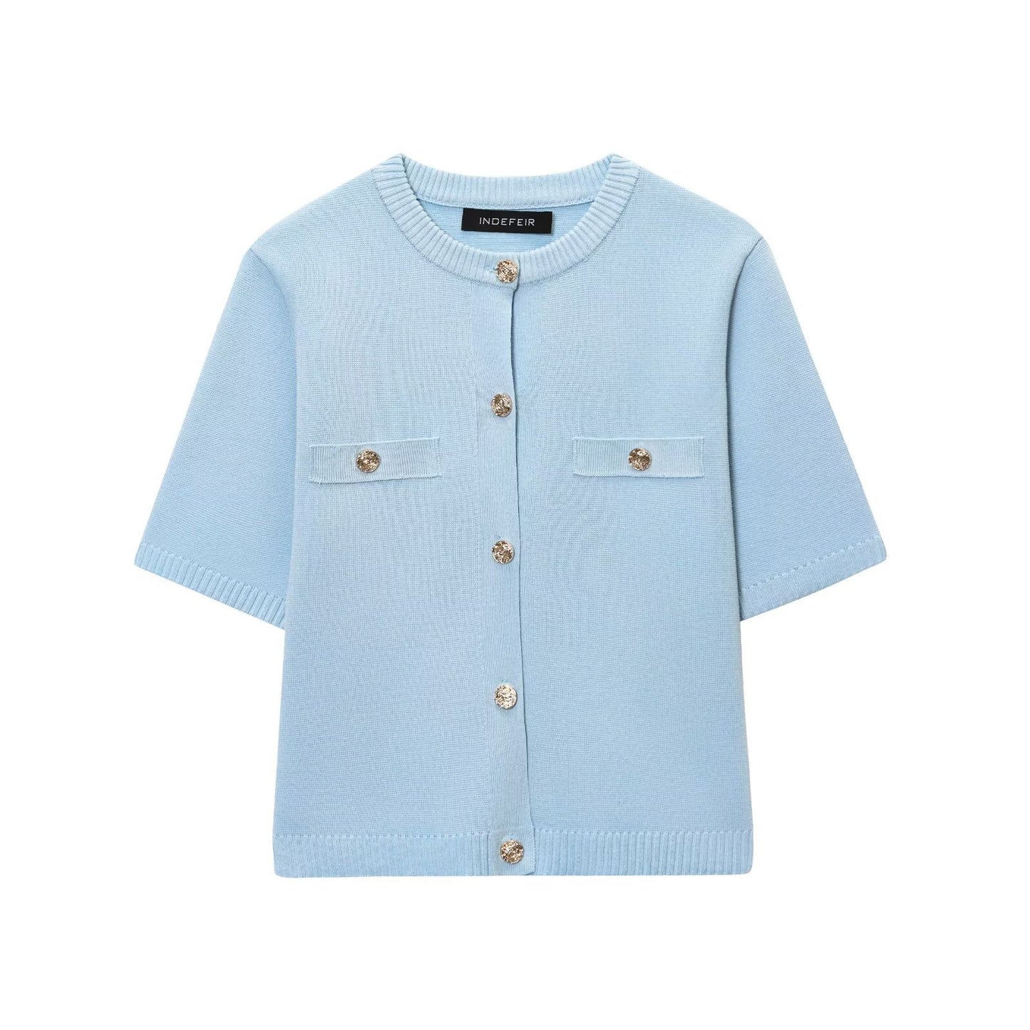 INDEFEIR Women's Burgundy Knit Cardigan - Short Sleeve Button Down Sweater with Gold Jewel Buttons & Chest Pockets - Elegant Cropped Knitwear for Fall Winter - Ladies Luxury Knit Top