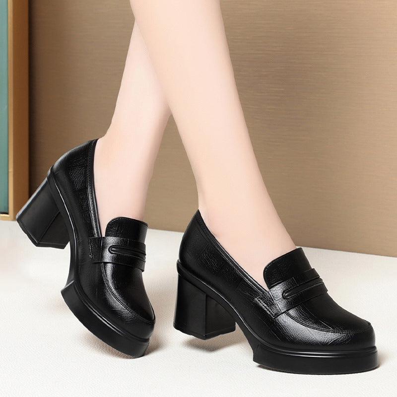 Black Platform Block Heel Penny Loafers | Women's Slip-On Chunky Heel Leather Pumps | Classic High Heel Loafers