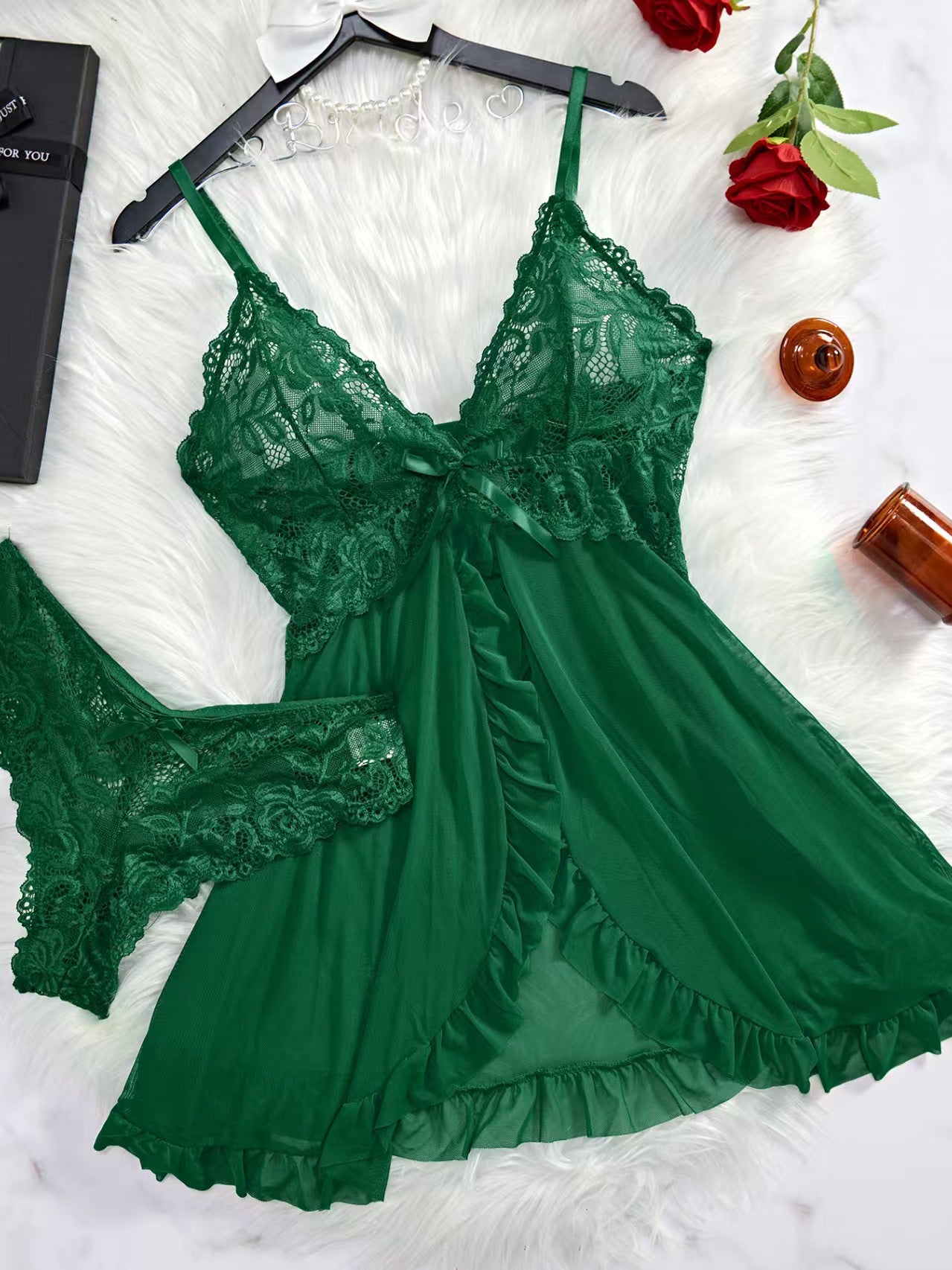Women's Lace Babydoll Lingerie Dress Sexy Deep V Bow Front Sheer Mesh Mini Chemise Sleepwear 6 Colors