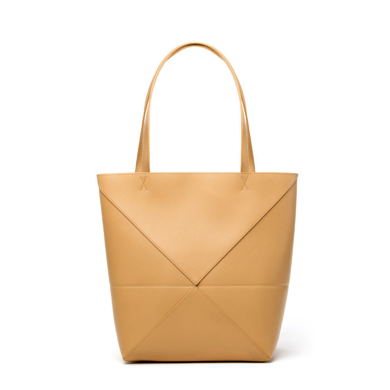 Black Leather Tote Bag - Minimalist Geometric Panel Shoulder Bag | Women's Large Capacity Work Shopping Tote