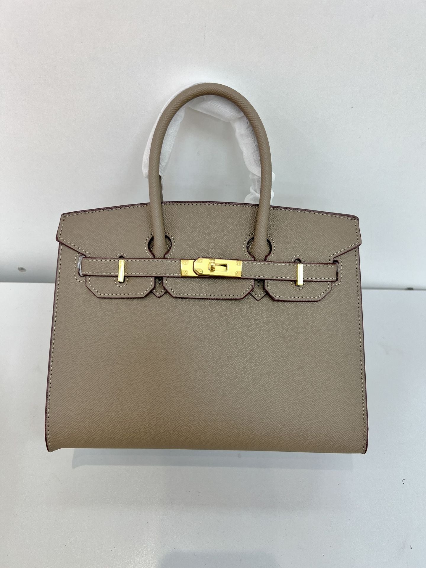Women's Luxury Structured Leather Tote Bag | Taupe Grey Gold Hardware Top Handle Handbag | Designer Style Purse