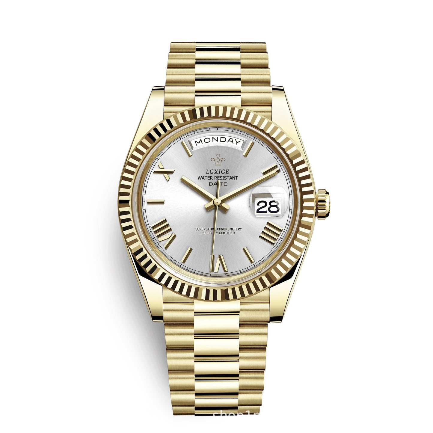 LGXIGE Men's Gold Day-Date Watch | Champagne Dial Fluted Bezel Presidential Bracelet Roman Numeral Luxury Watch