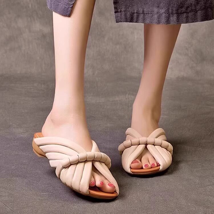 Damen-Sandalen mit geflochtenem Knoten | Offene Pantoletten – Beigefarbene Sommerschuhe in Lederoptik für Damen 