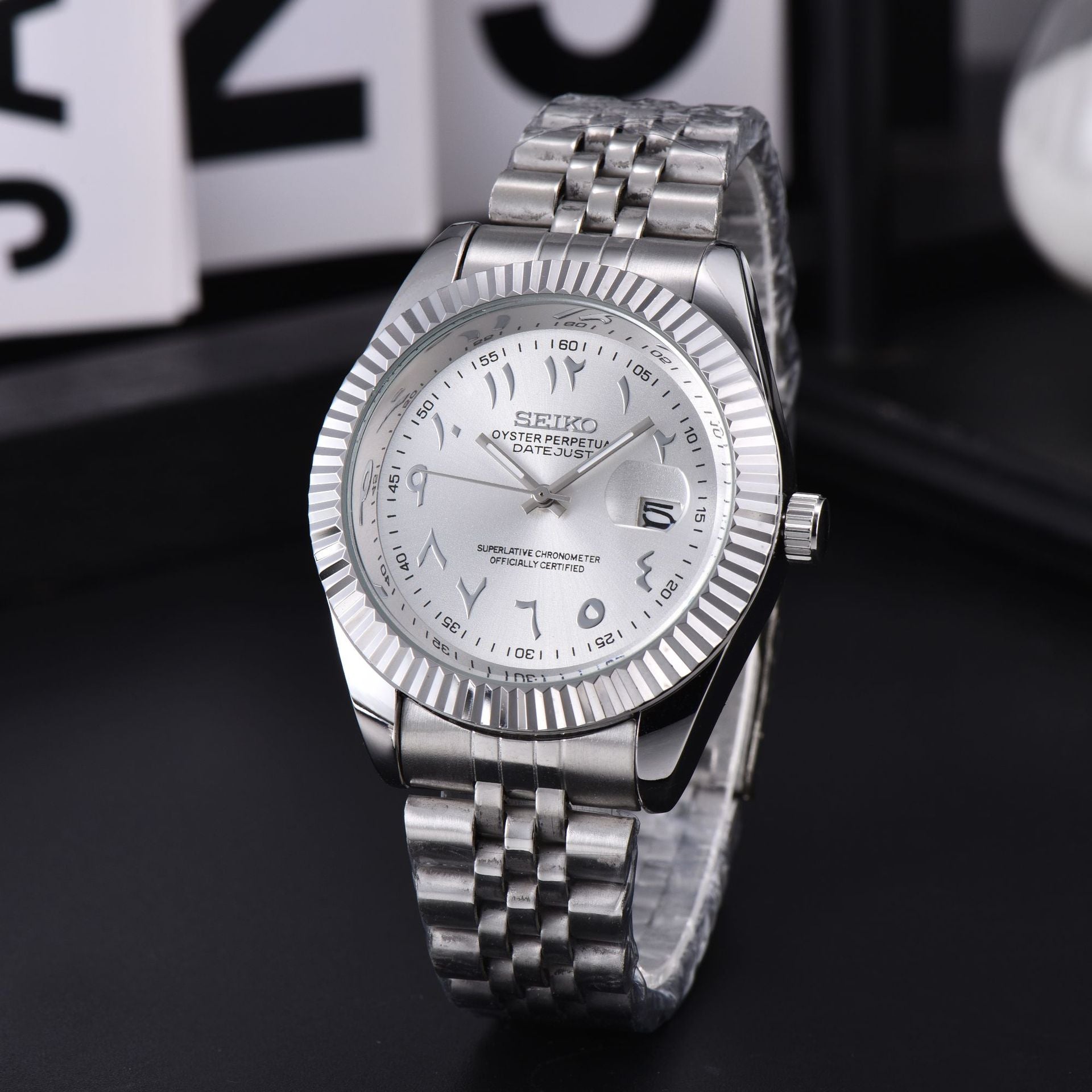 Men's Silver Luxury Dress Watch | Fluted Bezel Arabic Numeral Black Dial Jubilee Bracelet Date Watch