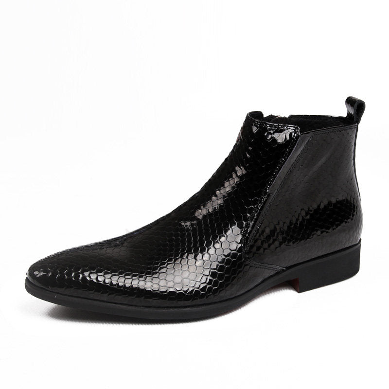 Men's Black Snakeskin Embossed Patent Leather Chelsea Boots
