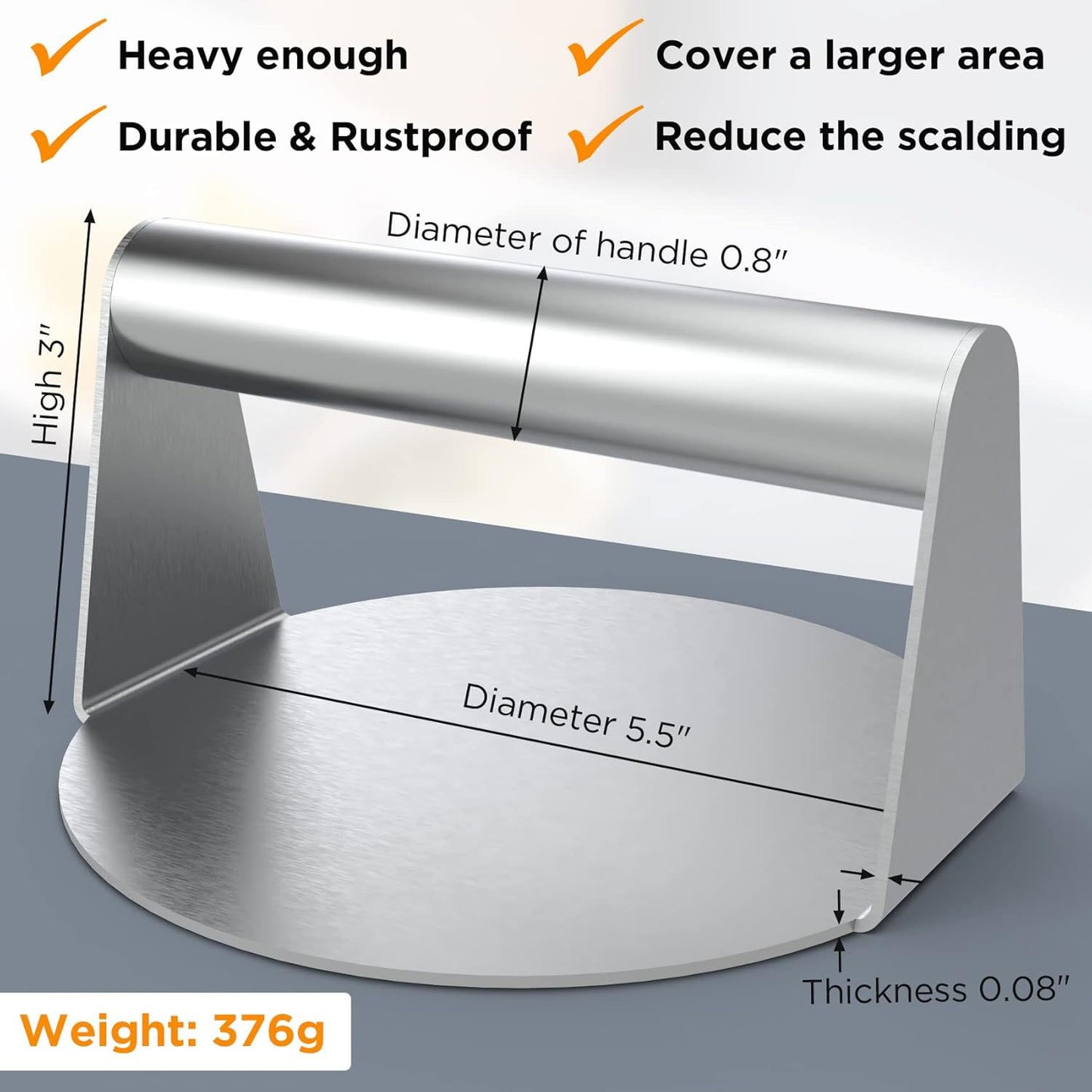 Stainless Steel Burger Press Smasher | Heavy Duty Smash Burger Press for Griddle Grill and BBQ | Round Meat Press Tool