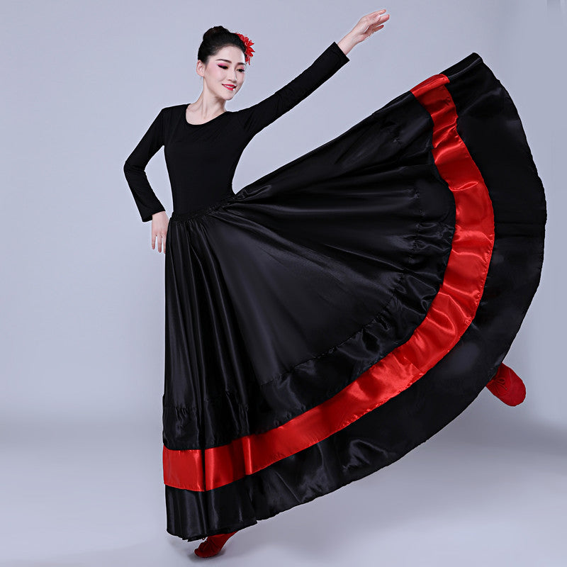 Flamenco Dance Skirt | Spanish Ballroom Swing Skirt | Red & Black Satin Ruffle Maxi Skirt | Performance Costume for Women