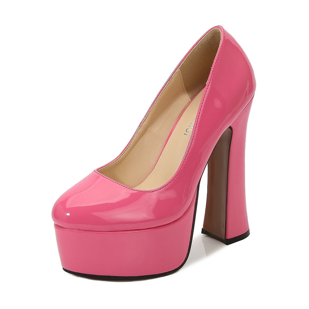 Black Patent Leather Platform Chunky Block Heel Pumps | Women's Round Toe Slip-On High Heel Shoes | Glossy Ultra High Heels