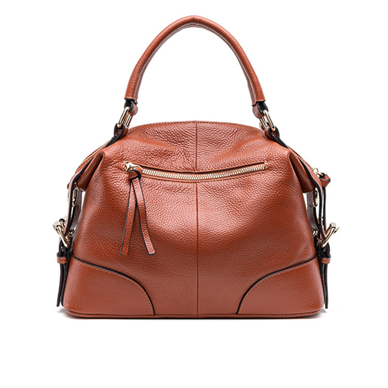 Small Brown Leather Satchel Bag - Cognac Bowling Bag with Dual Handles | Convertible Dome Handbag with Crossbody Strap
