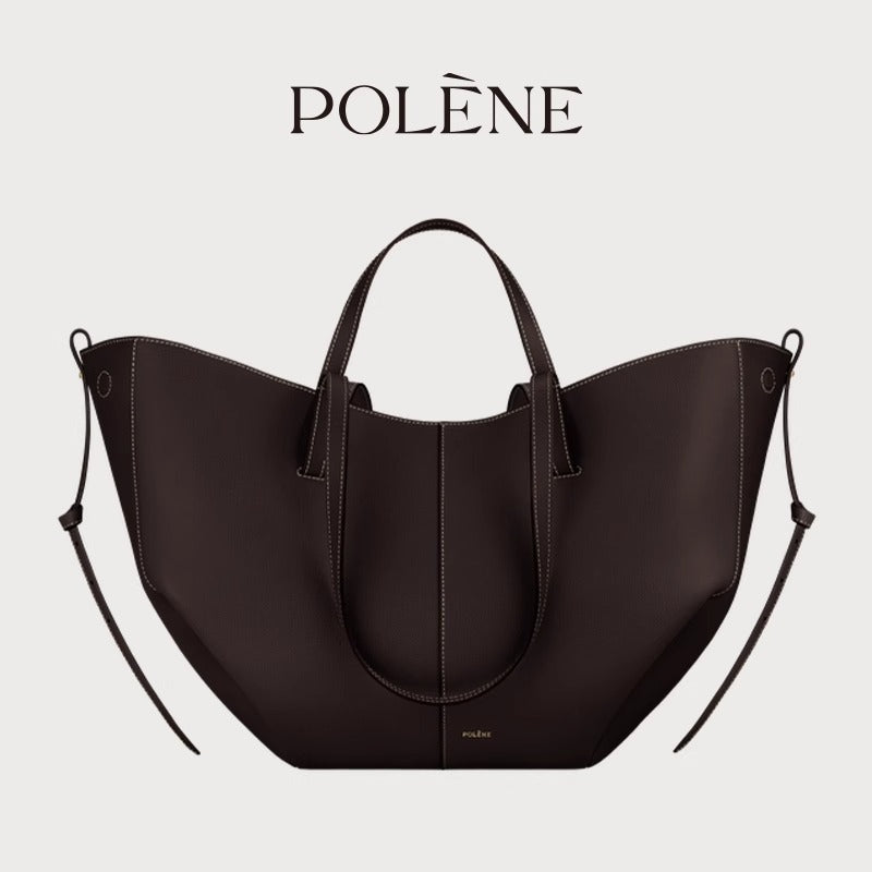 Polene Numero Un Maxi Bag in Marrone Cammello - Autentica Borsa Tote Francese in Pelle | Borsa a Spalla Curva Firmata con Lacci Regolabili