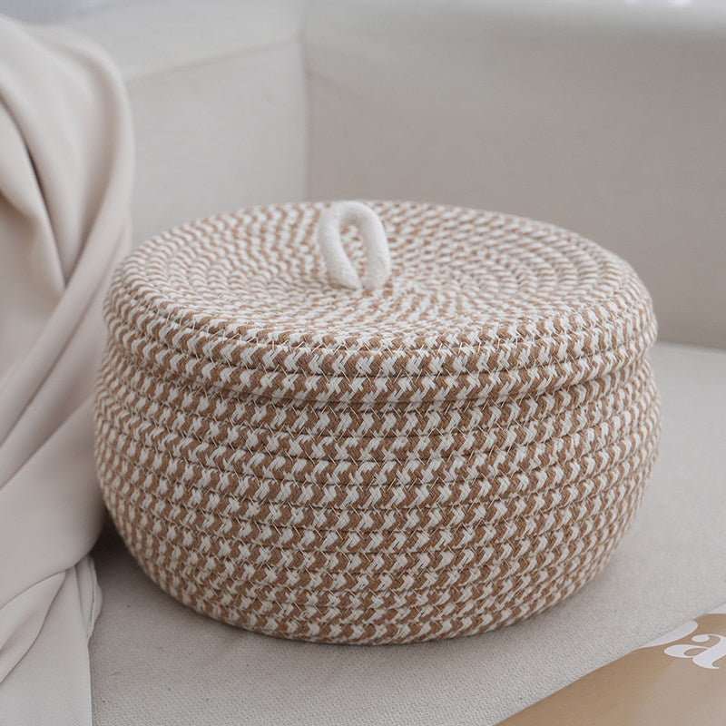 Woven Rope Storage Basket with Lid | Round Cotton Braided Organizer Box | Boho Desk Bathroom Bedroom Basket Beige