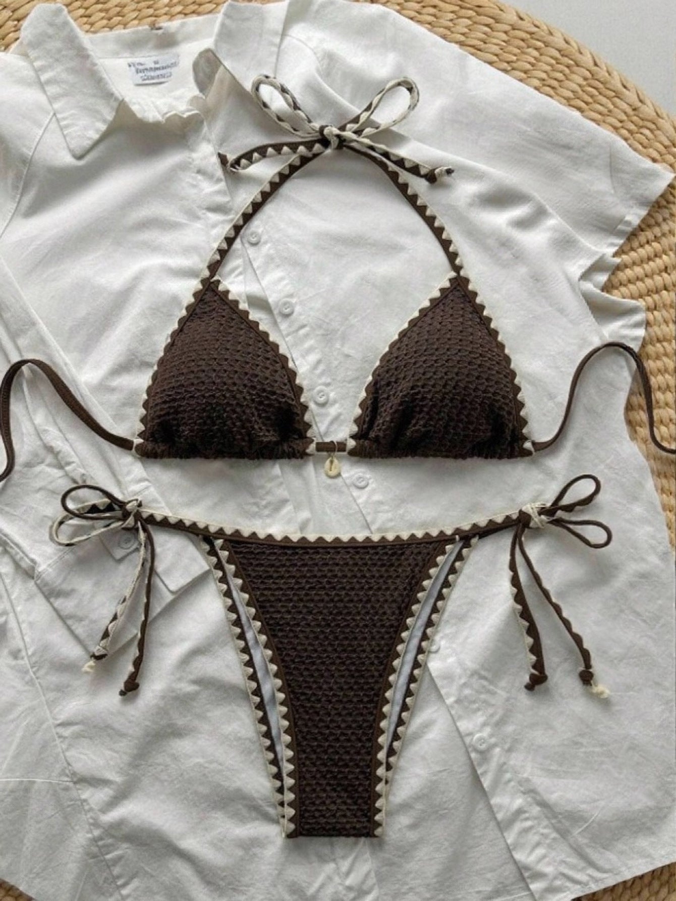 Chocolate Brown Crochet Bikini Set | Halter Triangle Top & Tie Side Thong | Textured Scallop Edge Boho Two Piece Swimsuit Women